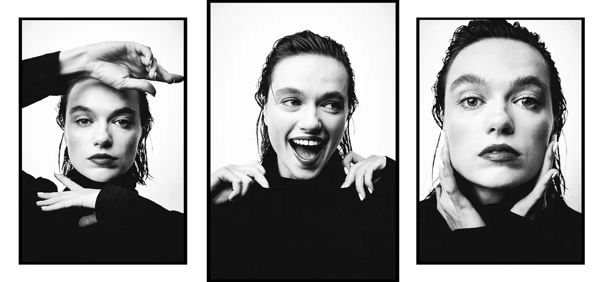 Three portraits of a young woman in a black turtleneck with wet slicked-back hair, one laughing, white backdrop