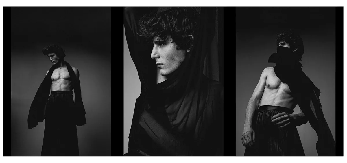 Three portraits of a young man with curly hair in sheer black fabric and a long skirt against a dark grey backdrop