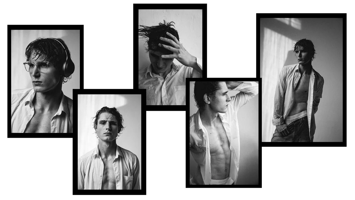 Five frames of a young man in an unbuttoned white shirt, one with headphones and glasses, in bright window light