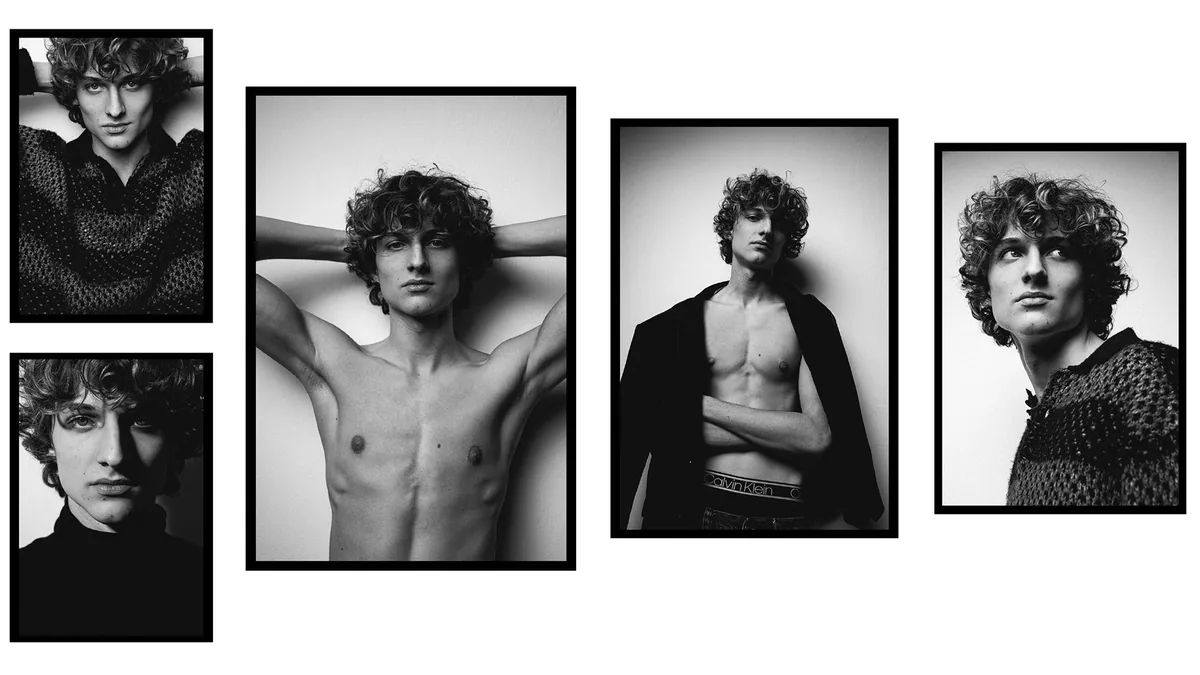 Five portraits of a young man with thick curly hair: hands behind his head, jacket over a bare chest, open-knit sweater