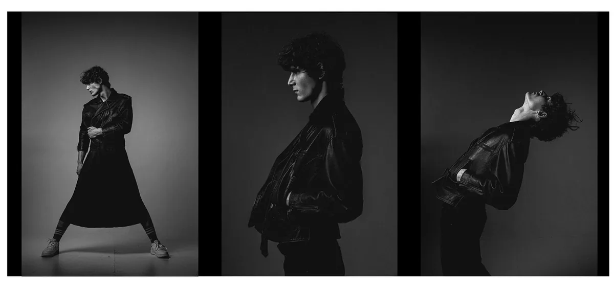 Three low-key frames of a person in a black leather jacket: long skirt and wide stance, profile, head thrown back