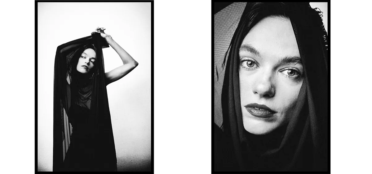Two high-contrast portraits of a woman draped in sheer black fabric: a figure with raised arms and a close-up of her face