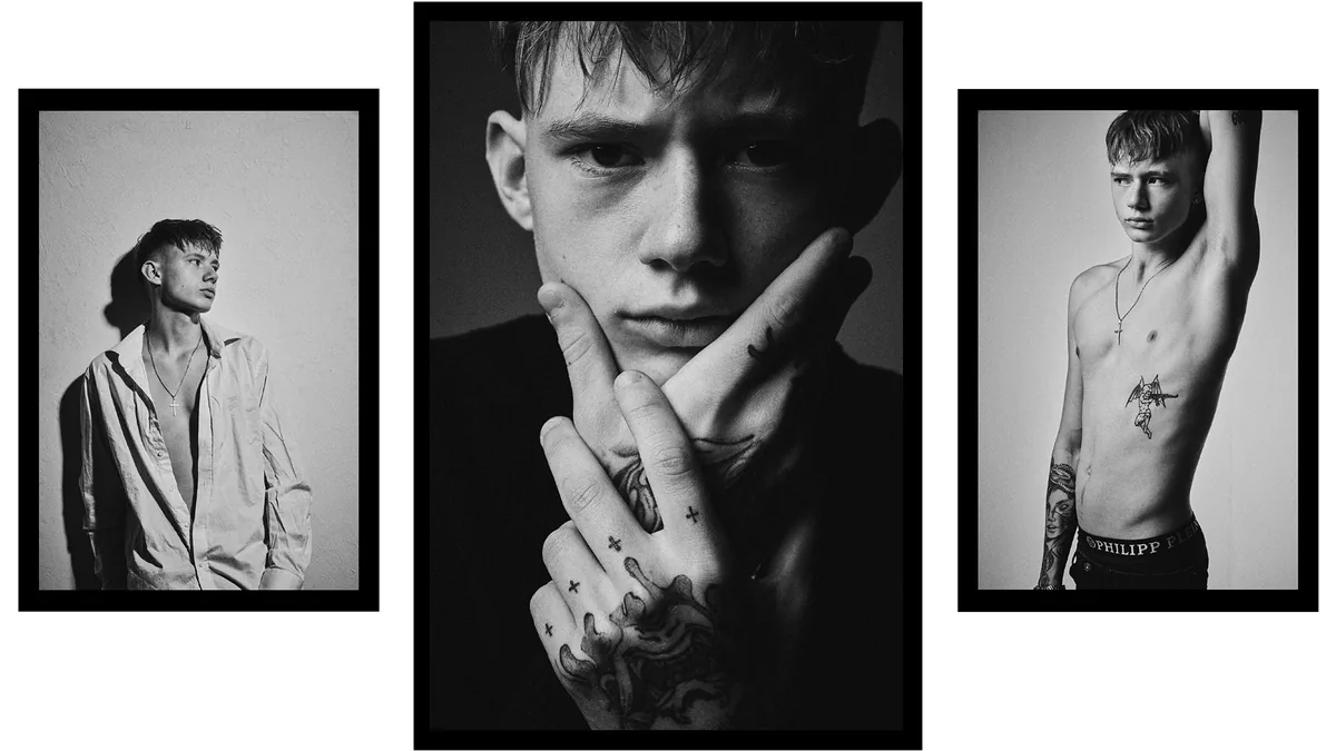 Three portraits of a young man with tattoos on his hands and torso: open shirt, hands at his face, a cross necklace