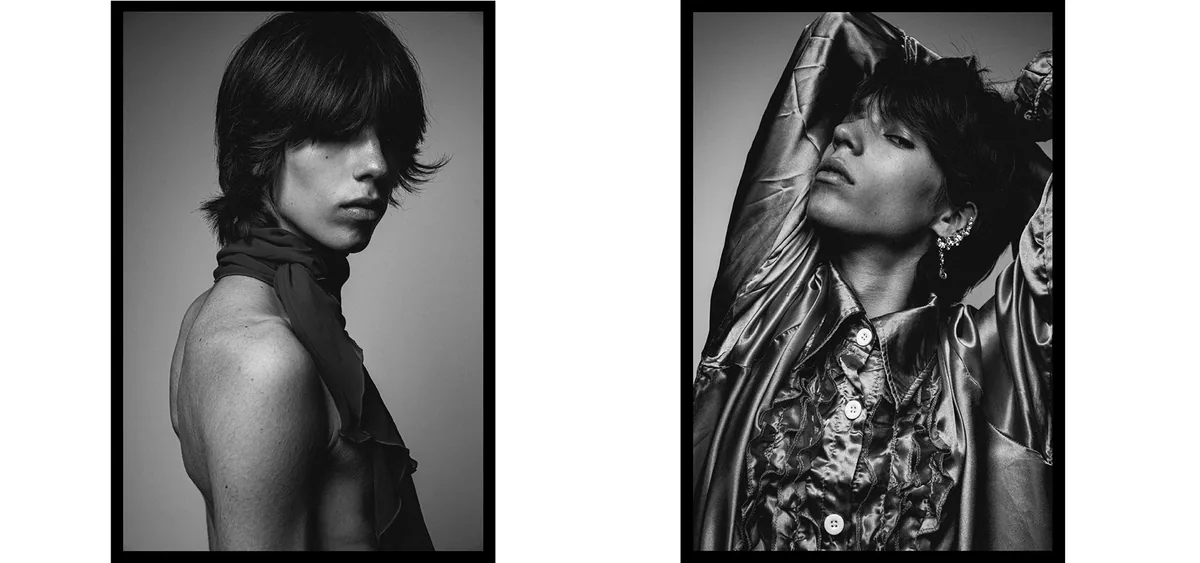 Two portraits of a person with a long dark fringe: a dark scarf on bare shoulders, and a ruffled satin shirt