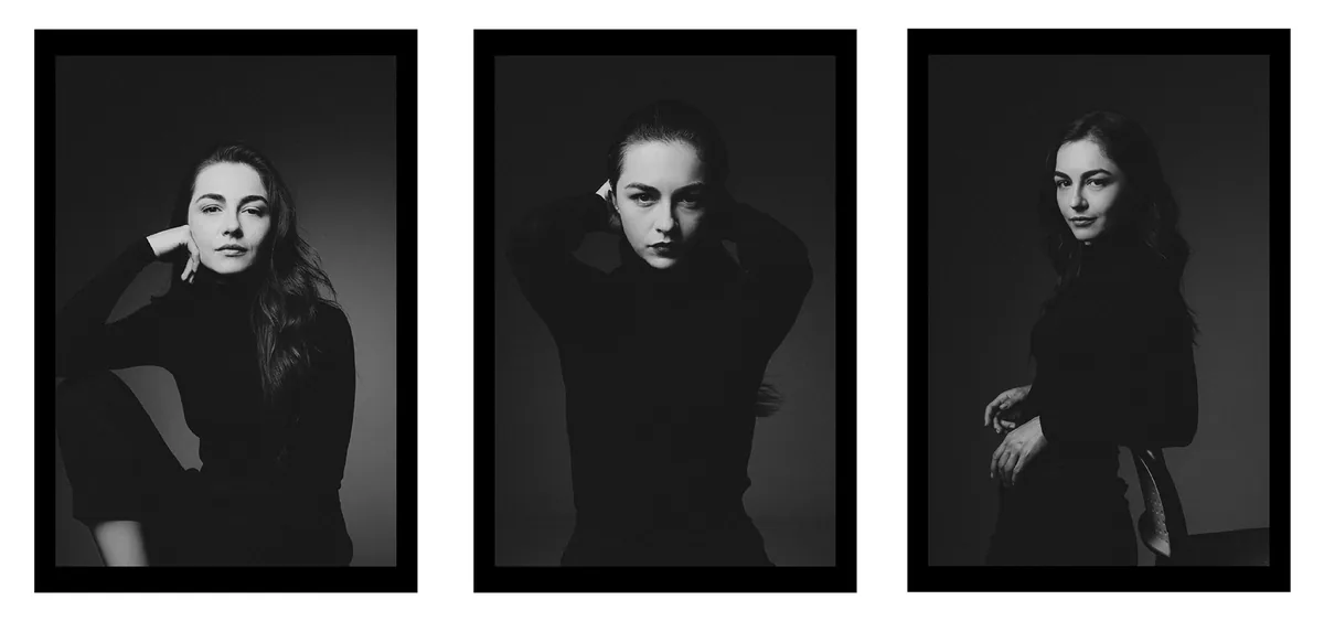 Three low-key portraits of a woman with long dark hair in a black turtleneck: hand at cheek, glance over shoulder