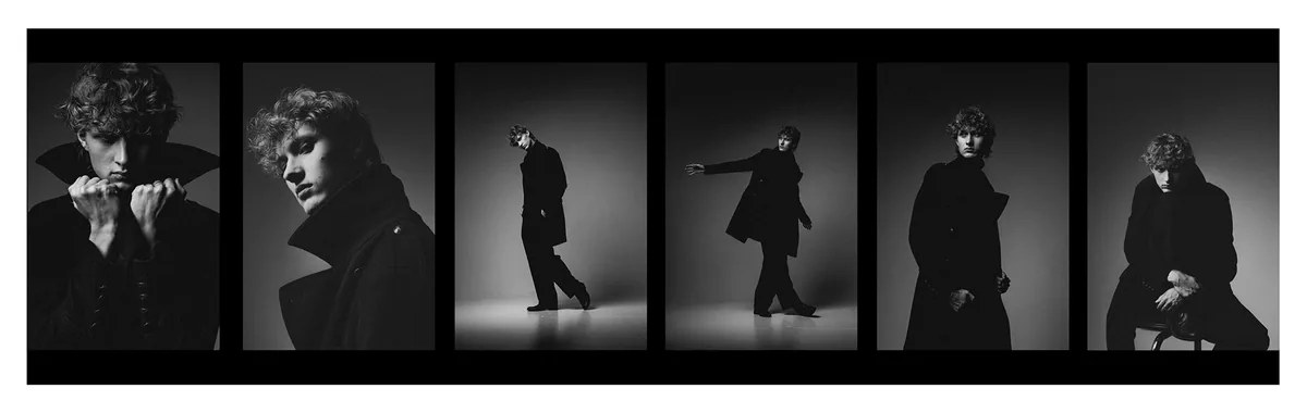 Film strip of six frames of a young man in a dark coat: close-ups, full-length figures in motion and a seated portrait