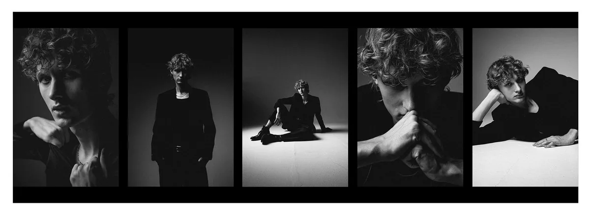 Film strip of five frames of a young man with curly hair in black clothes: close-ups, and standing, seated and lying poses