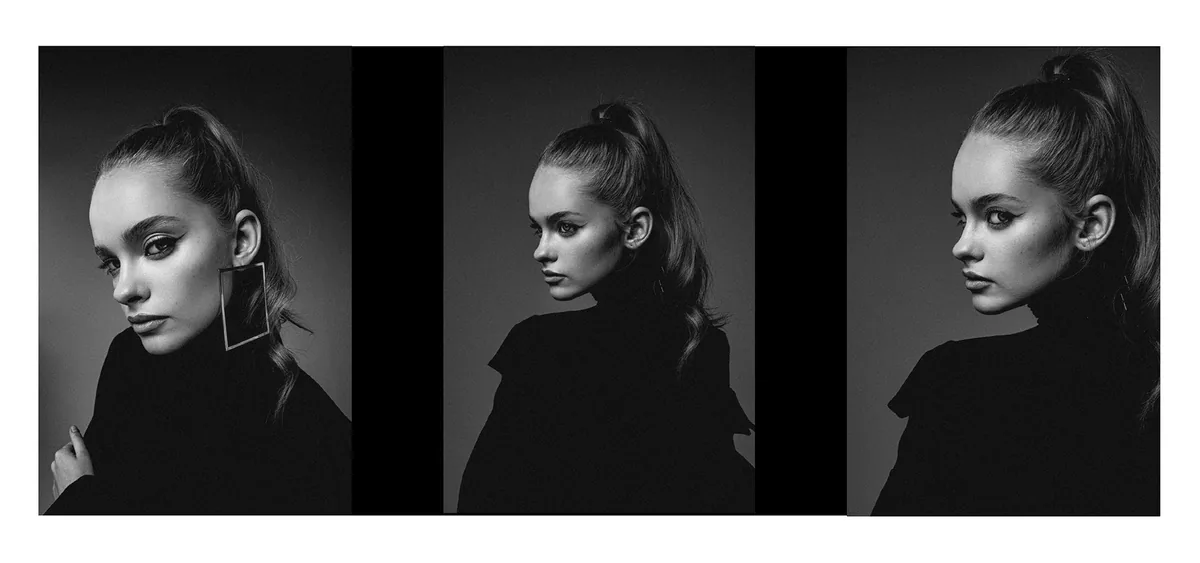 Three portraits of a young woman with a high ponytail in black: profile, glance over the shoulder, a rectangular earring
