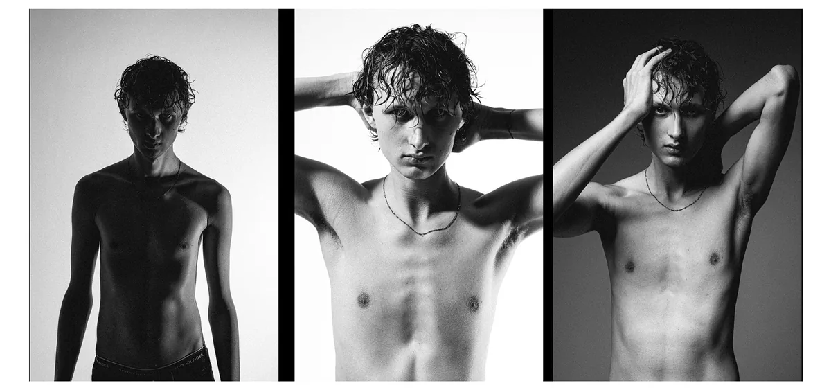 Three portraits of a shirtless young man with wet hair and a thin chain: backlit silhouette, hands behind his head