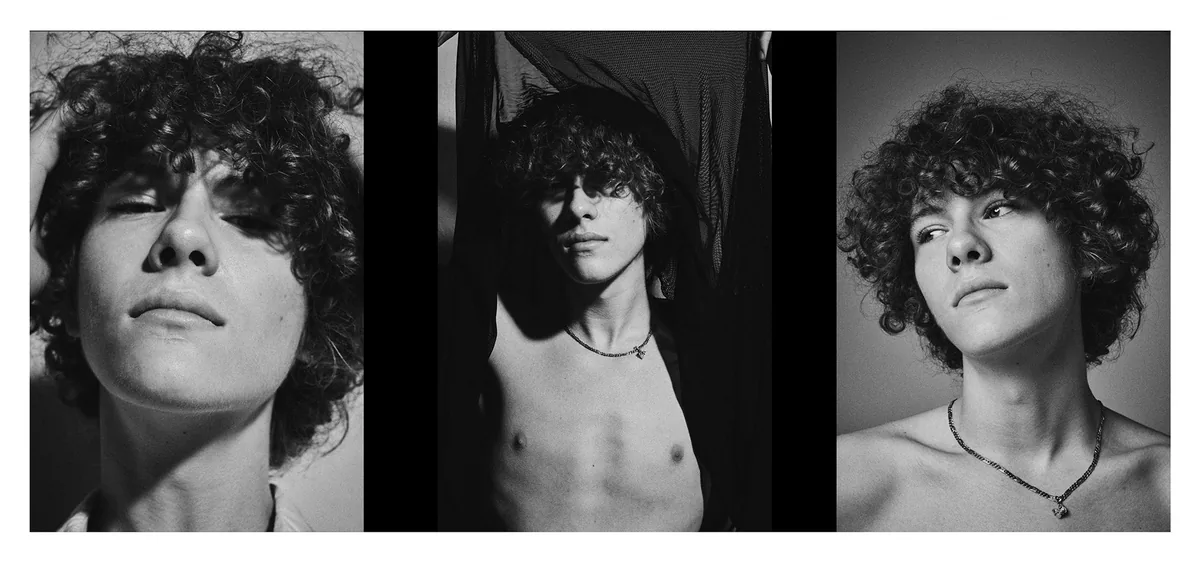 Three close-ups of a young man with dark curly hair: face shaded by curls, black mesh fabric, a chain with a pendant