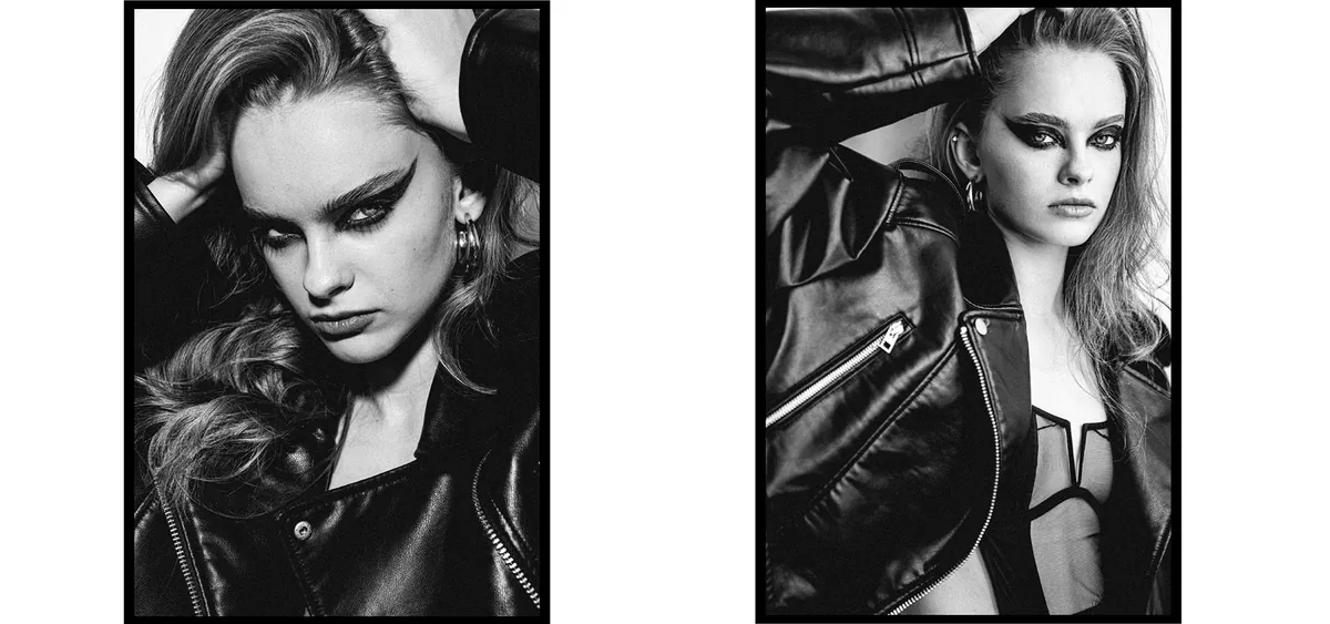 Two portraits of a woman in a black leather biker jacket with bold winged eyeliner and hoop earrings, a hand in her hair