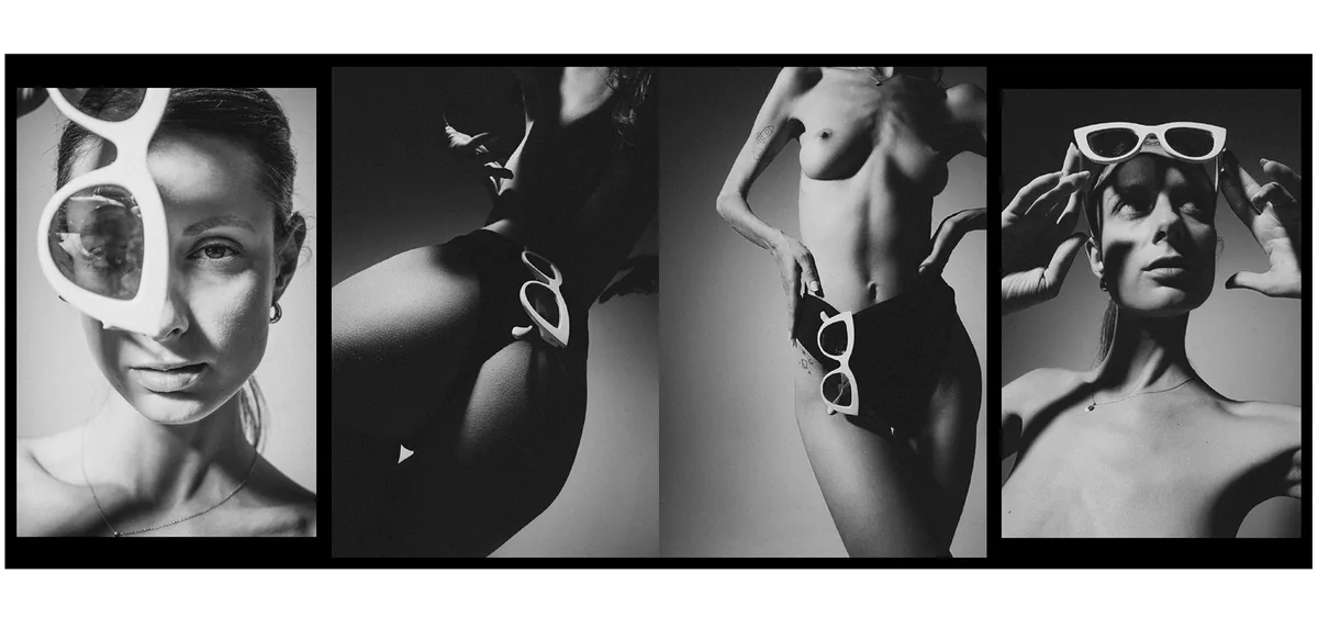 Four frames with white sunglasses: held over one eye, tucked into black briefs, and pushed up on a woman's head