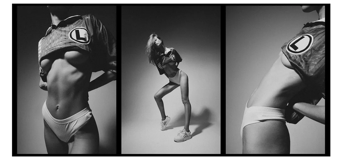 Triptych: woman in a hitched-up football shirt with a round crest and white briefs, posing against a grey studio backdrop