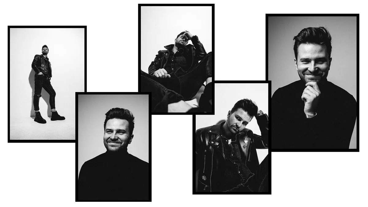 Five frames of a man in a black leather jacket or a black turtleneck, from a standing pose to a smiling portrait