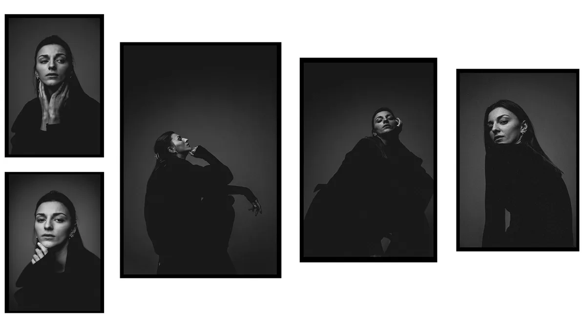 Five low-key portraits of a woman in black on a grey backdrop: hand at her neck, in profile, from below
