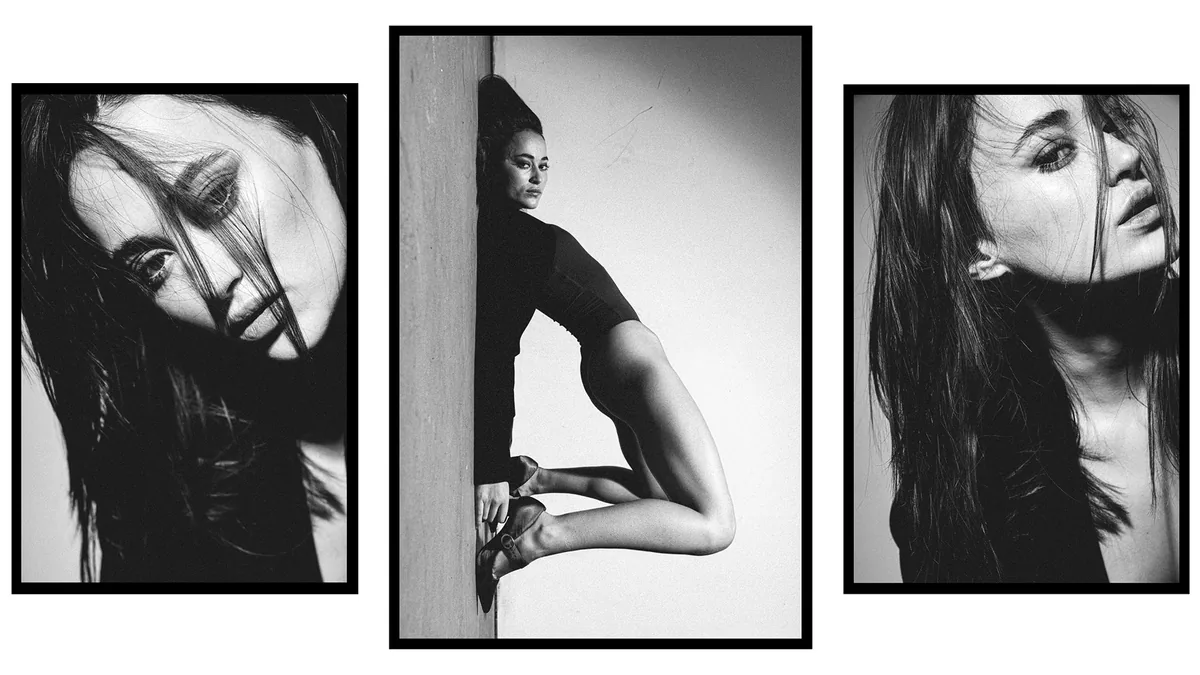 Triptych: dark-haired woman in two close-ups and, in the centre, braced against a wall in a black bodysuit