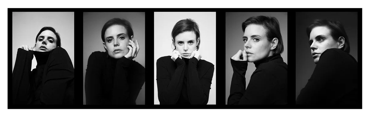 Five portraits of a woman with short hair in a black turtleneck, often with hands at her face, on light and dark backdrops
