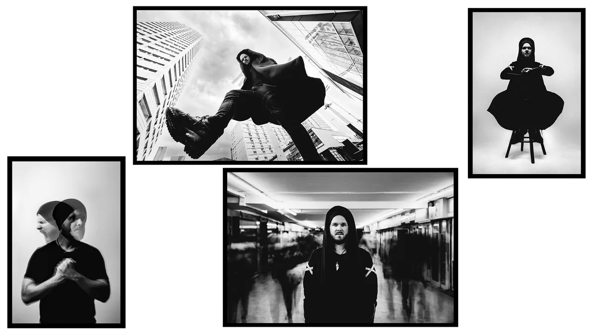 Four frames of a man in black: a low-angle stride between towers, a blurred crowd, a double exposure, a pose on a stool