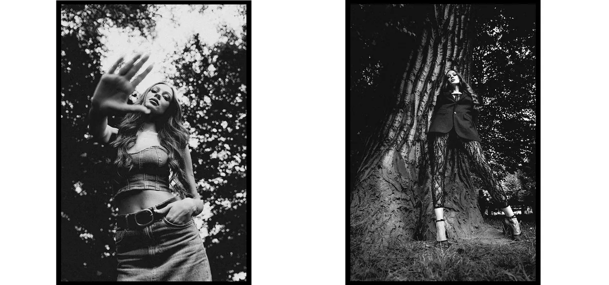 Two low-angle outdoor frames of a woman: reaching a hand towards the lens and standing by a huge tree trunk