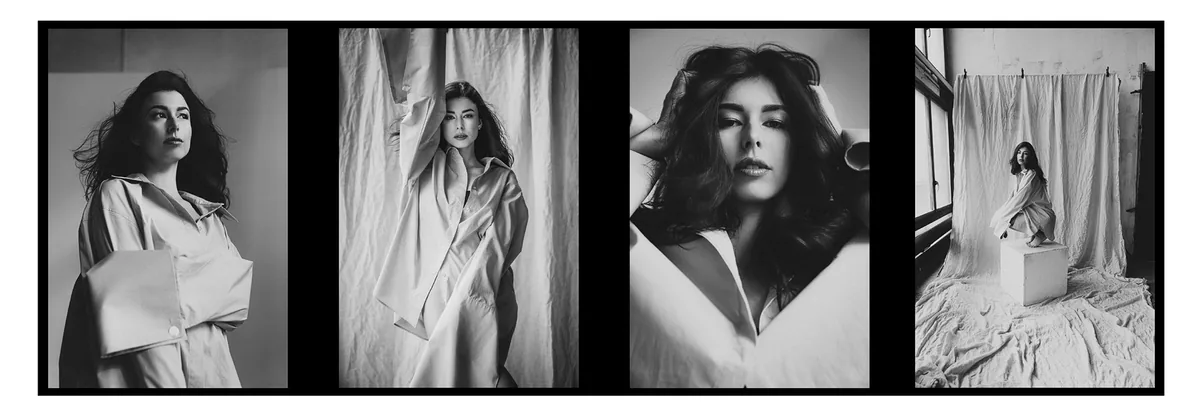 Four frames of a woman in an oversized light shirt; in the last she crouches on a white cube by a window