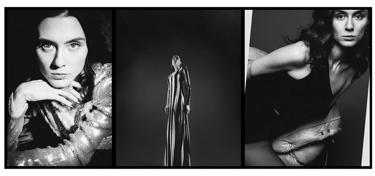 Triptych: woman in a sequined outfit, a figure in a long striped dress on a dark backdrop, and a portrait in a black top
