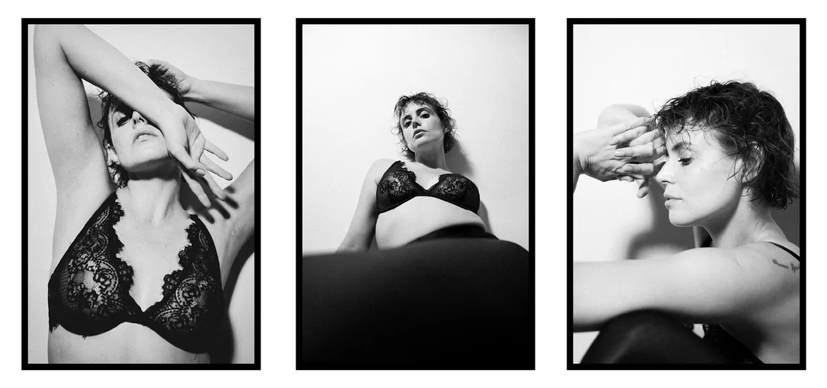 Triptych: woman with short curly hair in a black lace bra, with her hands near her face in two of the frames