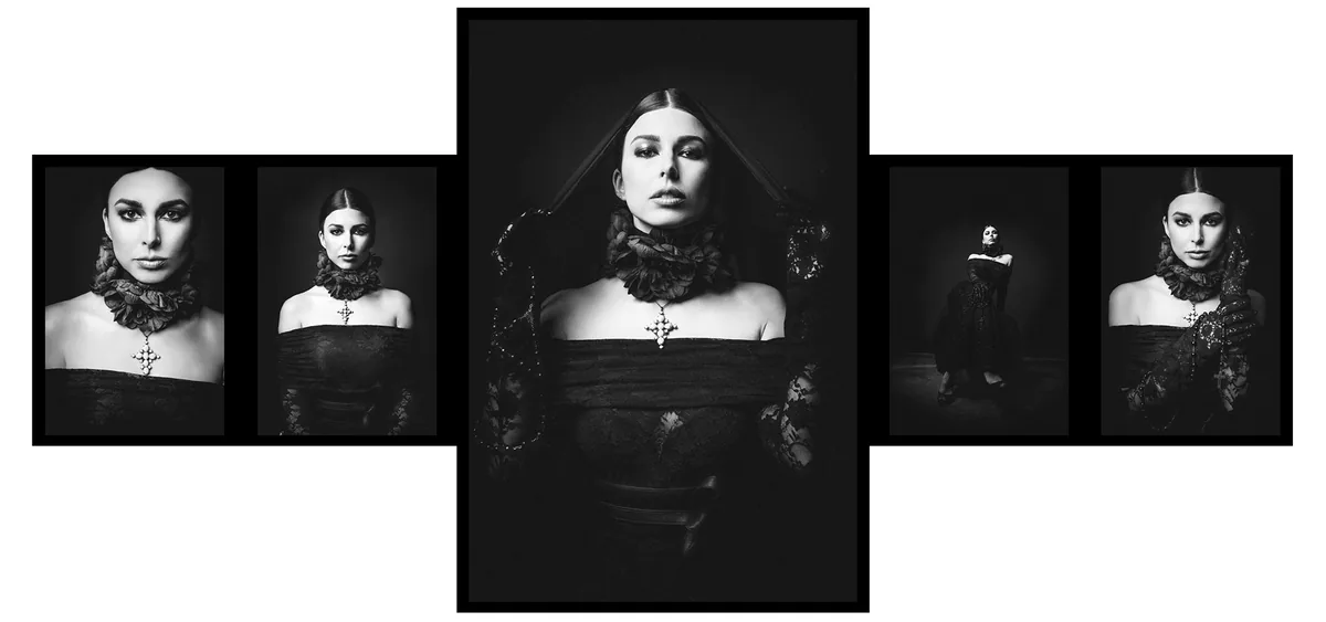 Five low-key portraits of a woman in black lace with a ruffled collar and cross pendant, the large central one veiled