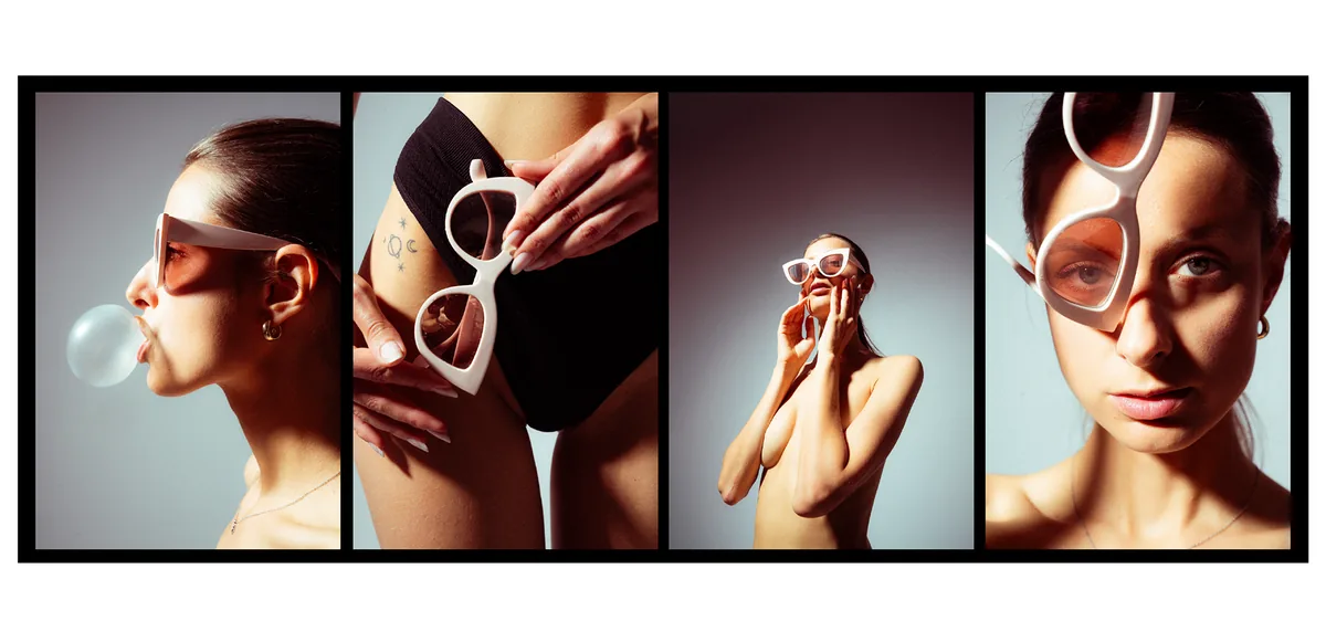 Four frames with white sunglasses: a woman blowing a bubblegum bubble, a tattoo detail and a close-up portrait