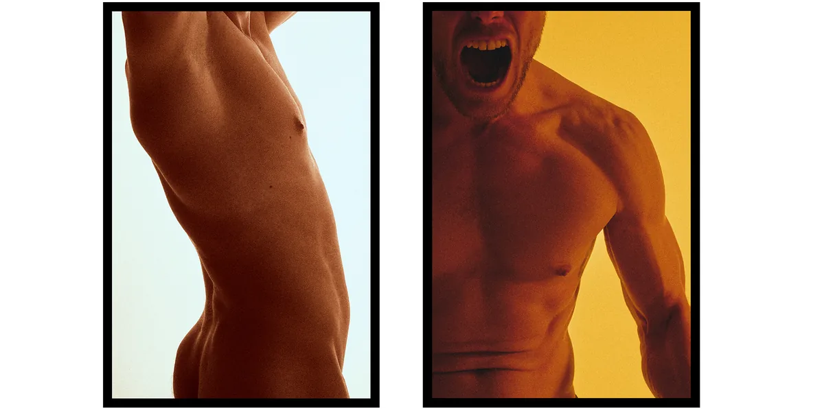 Two close-ups of male torsos in warm bronze tones: one on pale blue, the other on yellow, with a mouth open in a shout