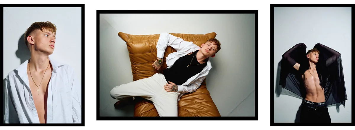 Three portraits of a young man with tattoos: white shirt, cross necklace, tan leather beanbag chair, sheer black cape