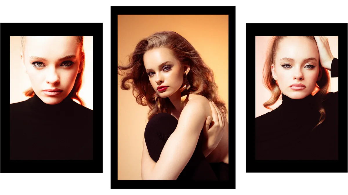 Three portraits of a young woman in orange light, two in a black turtleneck, the middle one with wavy hair and a gold earring