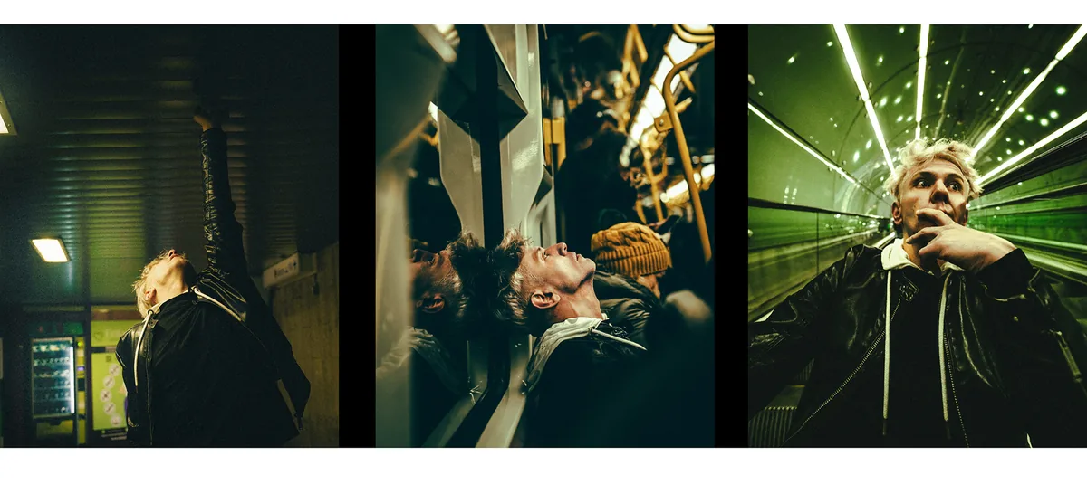 Three frames of a man in a dark jacket: in a corridor, on a train with yellow handrails and in a green-lit tunnel