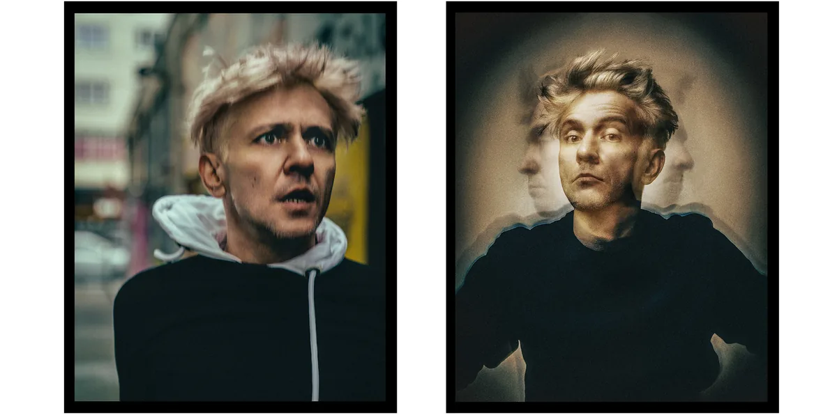 Two portraits of a blond man: one on a city street, the other in sepia with blurred, repeated faces ghosting behind him