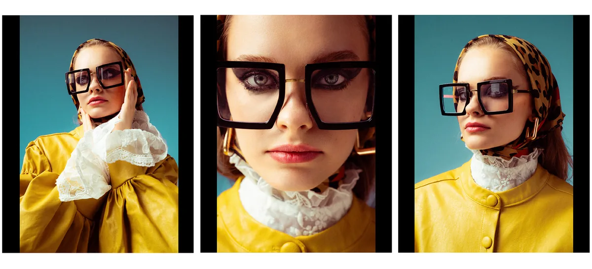 Three portraits of a young woman in big square glasses, a leopard-print headscarf and a yellow leather jacket, teal backdrop