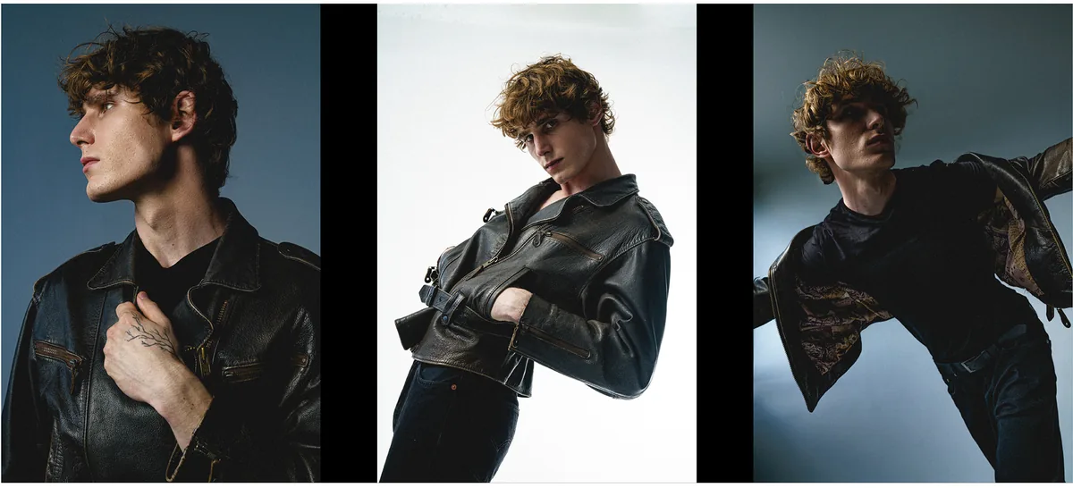Three portraits of a young man with curly hair in a leather jacket: a profile, a pose against white, a dynamic lean