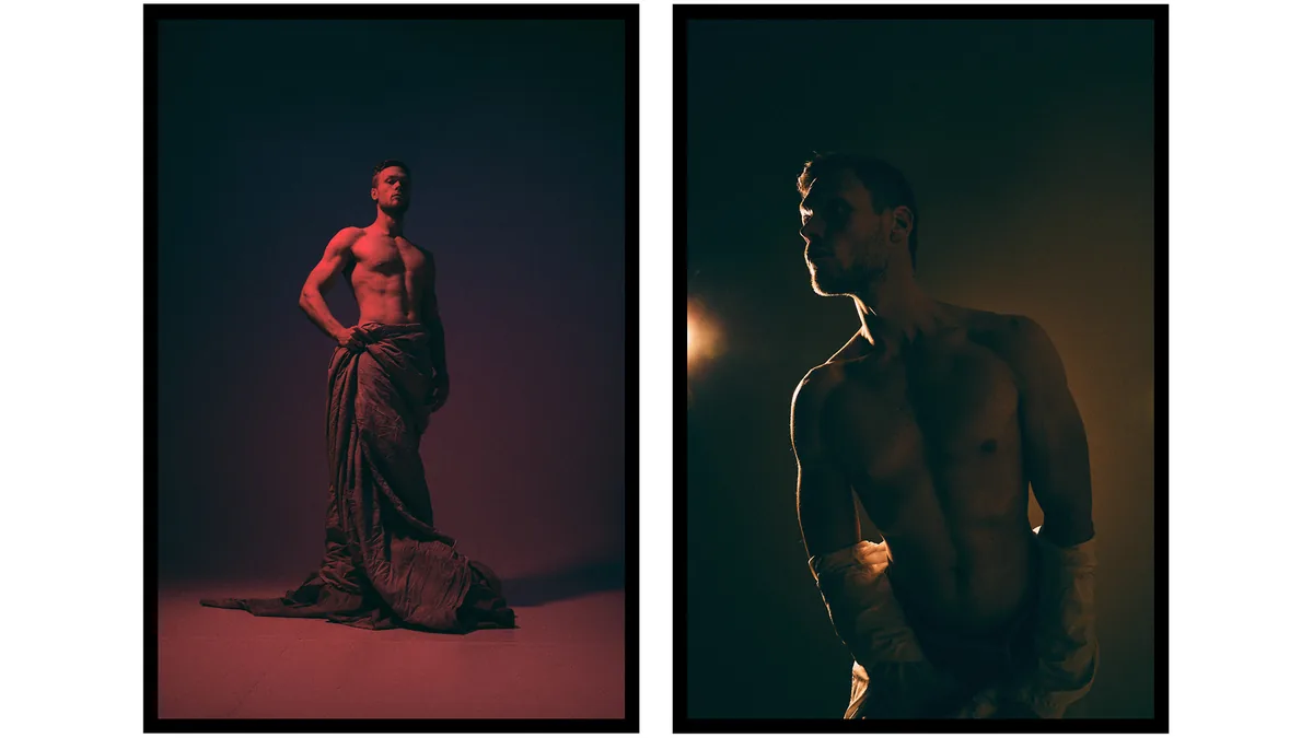 Two moody portraits of a bare-chested man: lit in red and wrapped in fabric, and as a silhouette in warm rim light