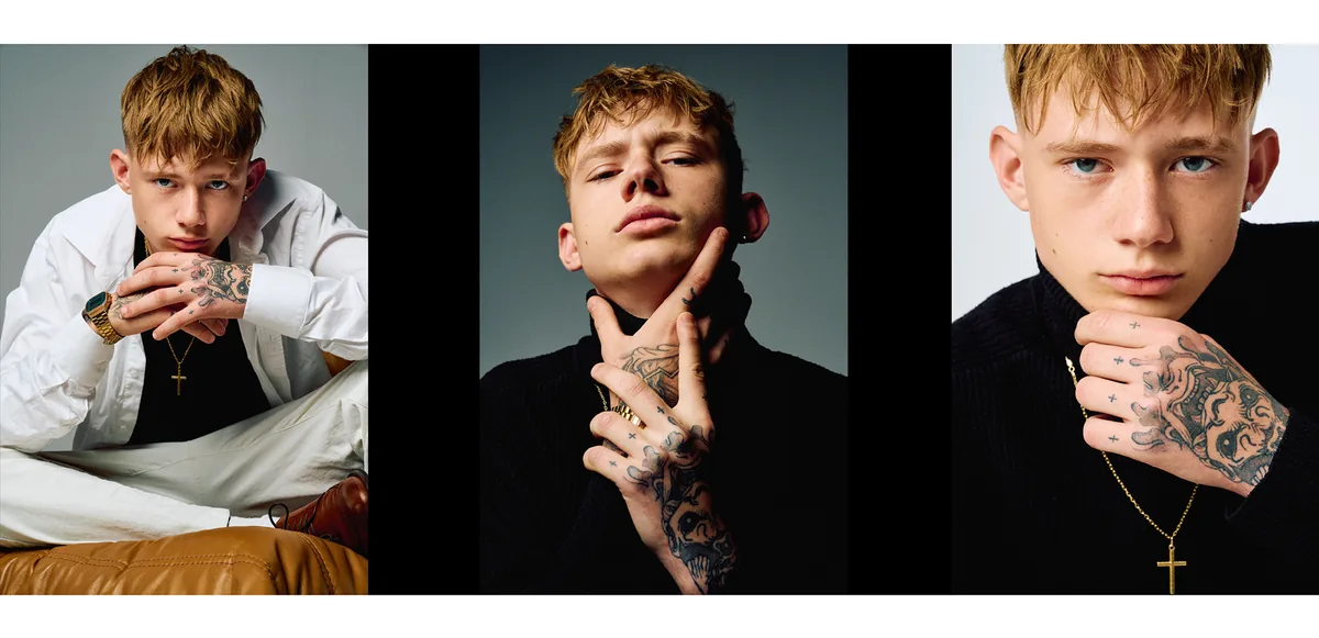 Three portraits of a young man with tattooed hands, a gold watch and a cross necklace, hands raised near his face
