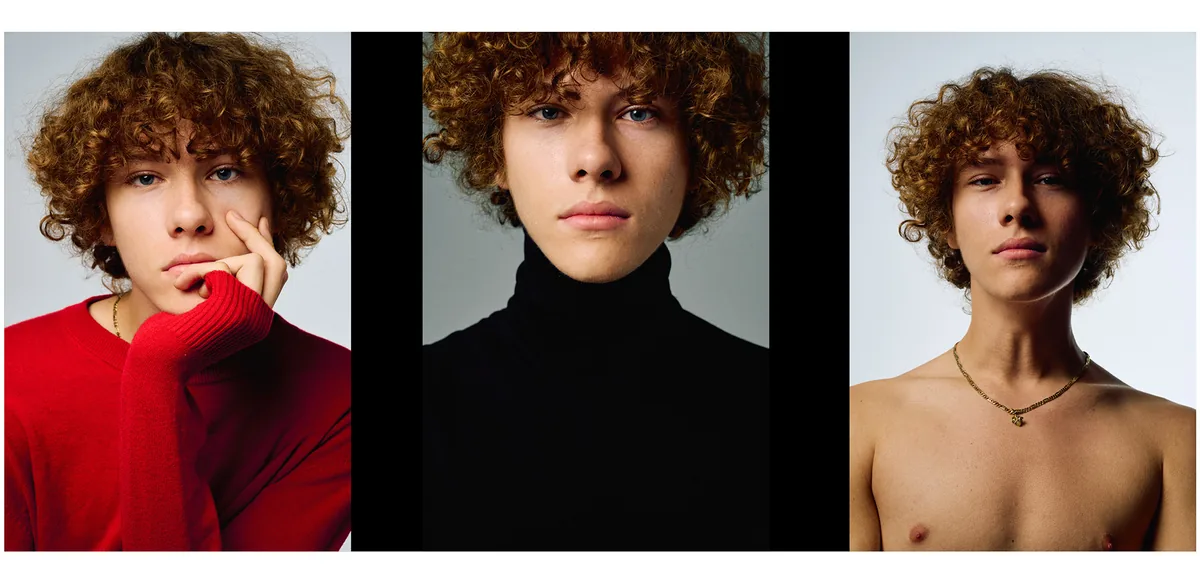 Three portraits of a young man with brown curls: in a red sweater, in a black turtleneck, and bare-chested with a gold chain