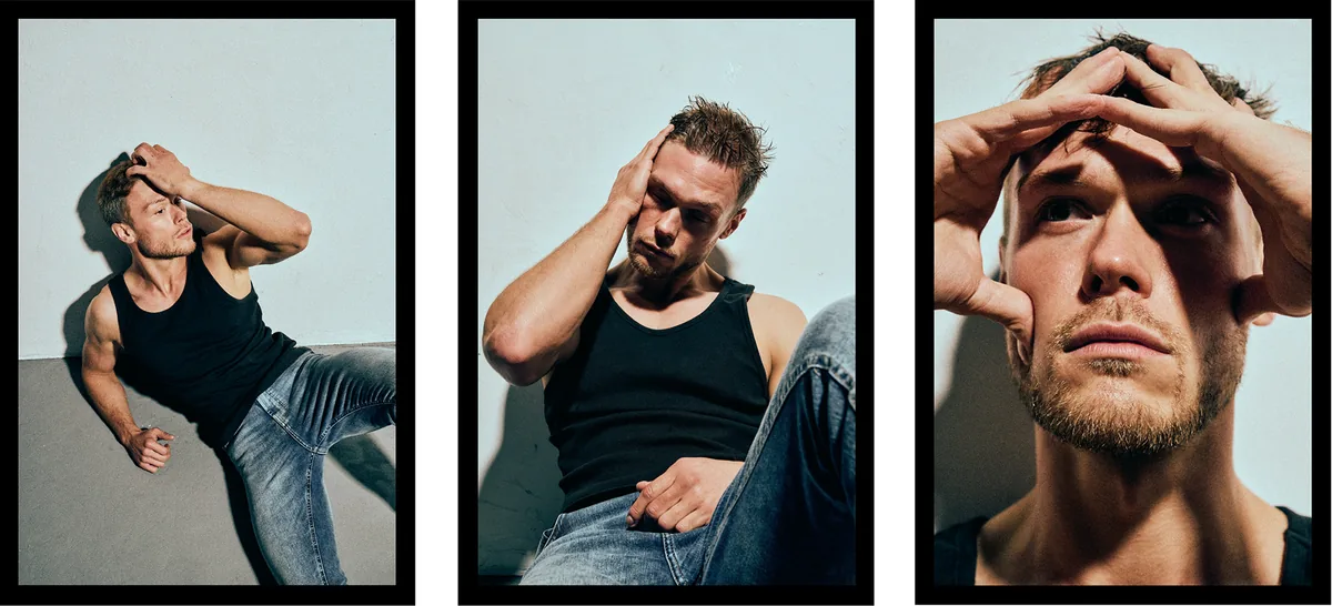Three frames of a man in a black tank top and jeans in hard sunlight, hands at his head, shadows on a pale wall