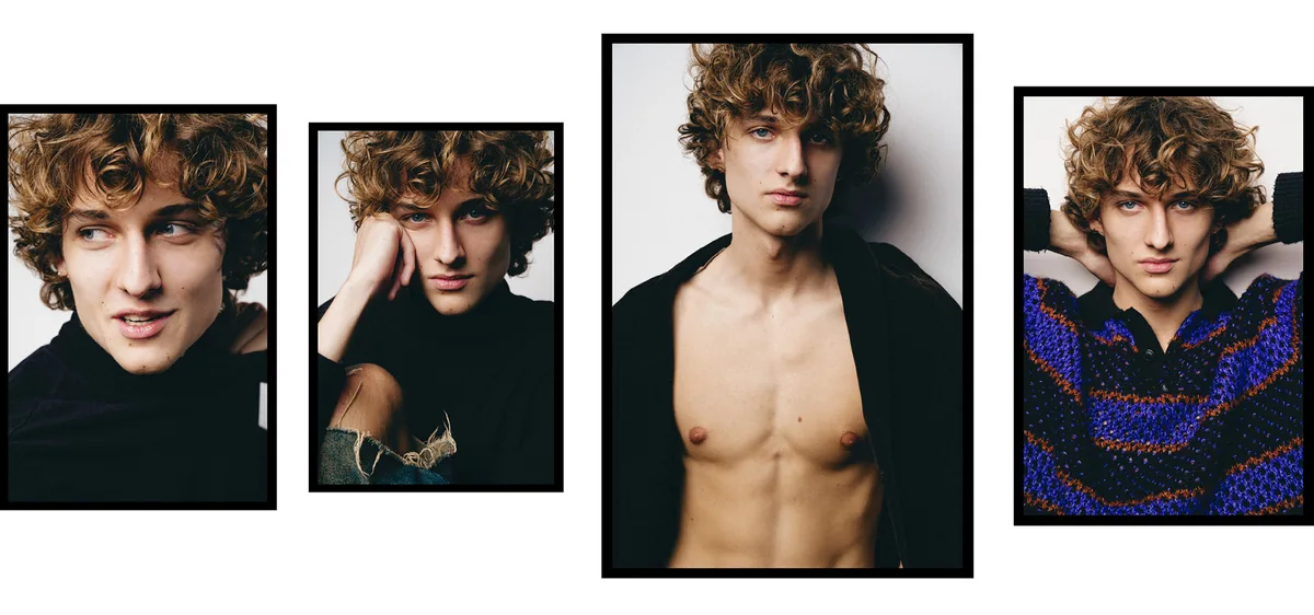Four portraits of a young man with curly golden-brown hair: in a black turtleneck, an open jacket and a blue-purple knit
