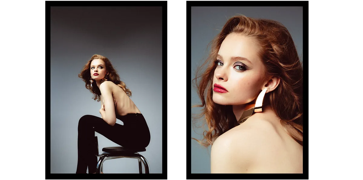 Two portraits of a young woman with wavy auburn hair, red lipstick and a large gold earring, one seated on a chrome stool