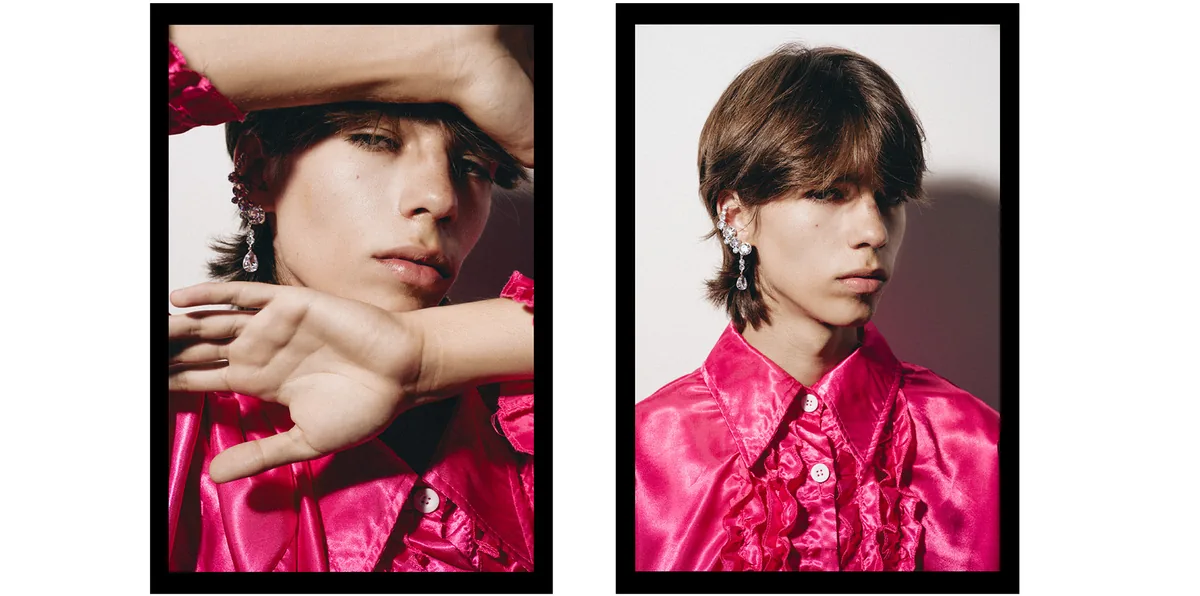 Two portraits of a person in a hot-pink satin ruffled shirt and a crystal ear cuff, one with a forearm across the forehead
