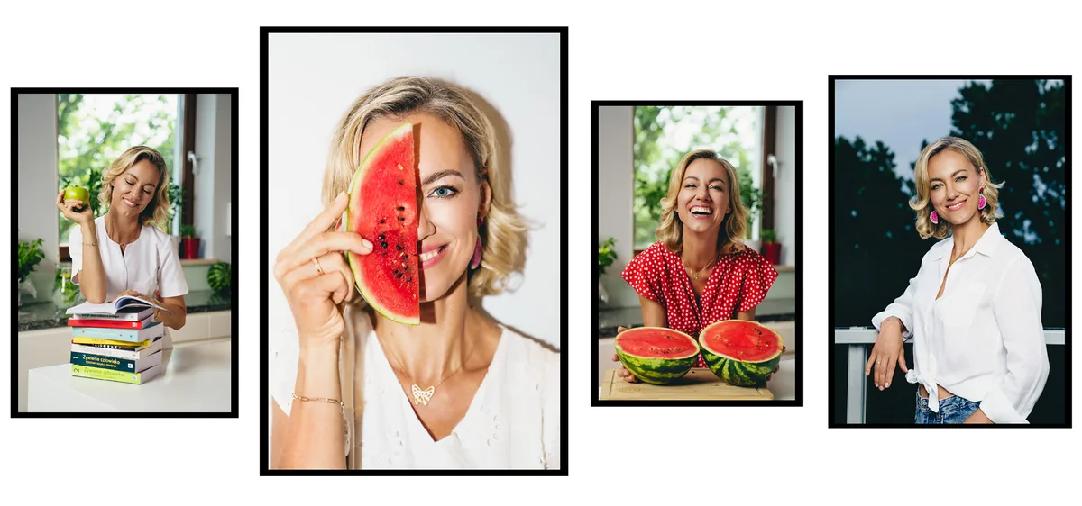 Four frames of a smiling blonde woman with an apple, books and watermelon in a bright kitchen, and outdoors in a white shirt