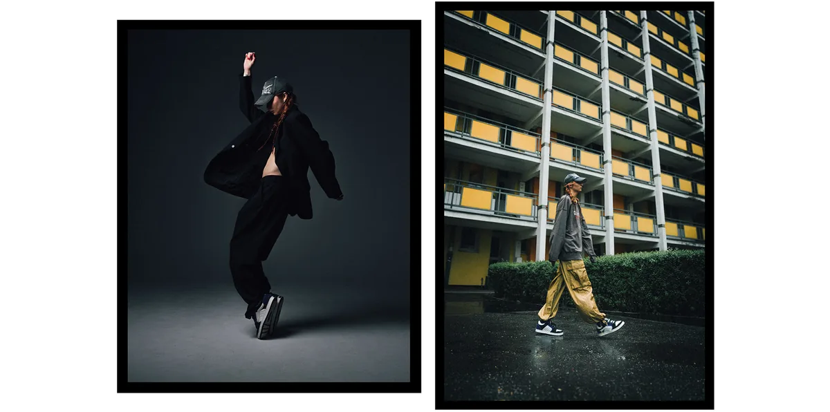 Two frames of a person in a cap: dancing in a dark studio and walking on wet pavement past a block with yellow balconies