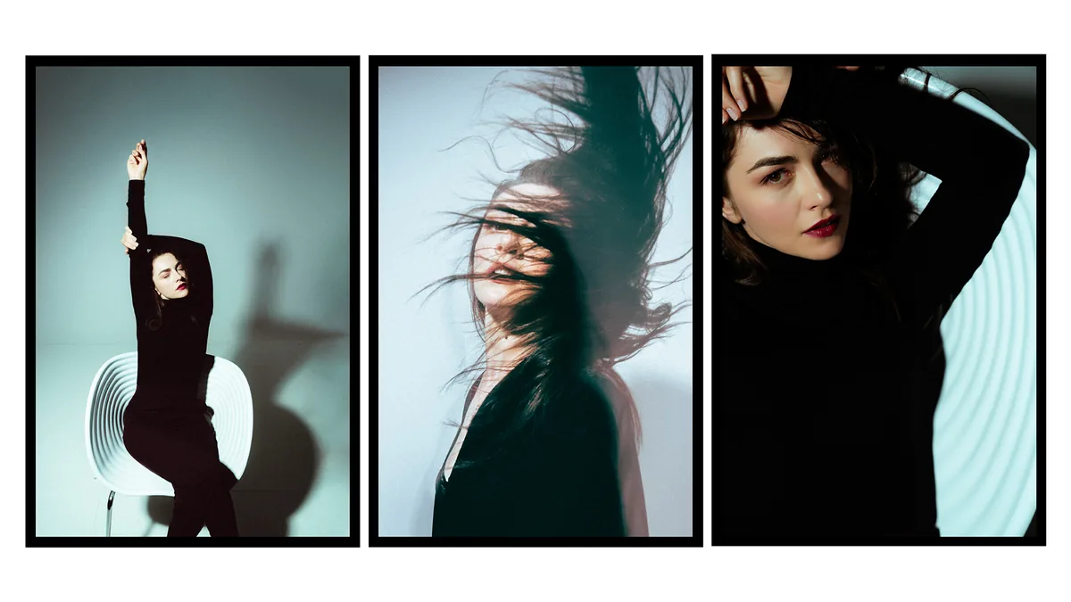 Triptych: woman in black on a white chair, hair whipping in motion blur, and a close portrait with red lipstick