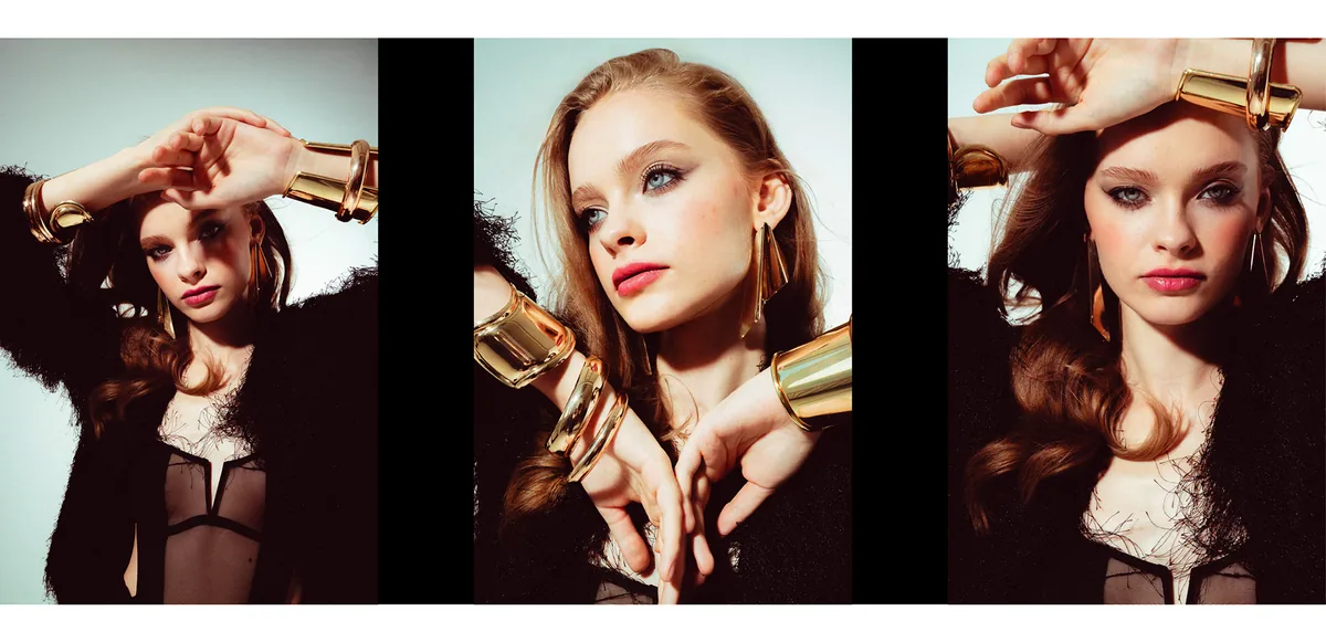 Triptych: woman with chestnut hair, wide gold cuffs and drop earrings in a dark fluffy jacket, hands raised near her face