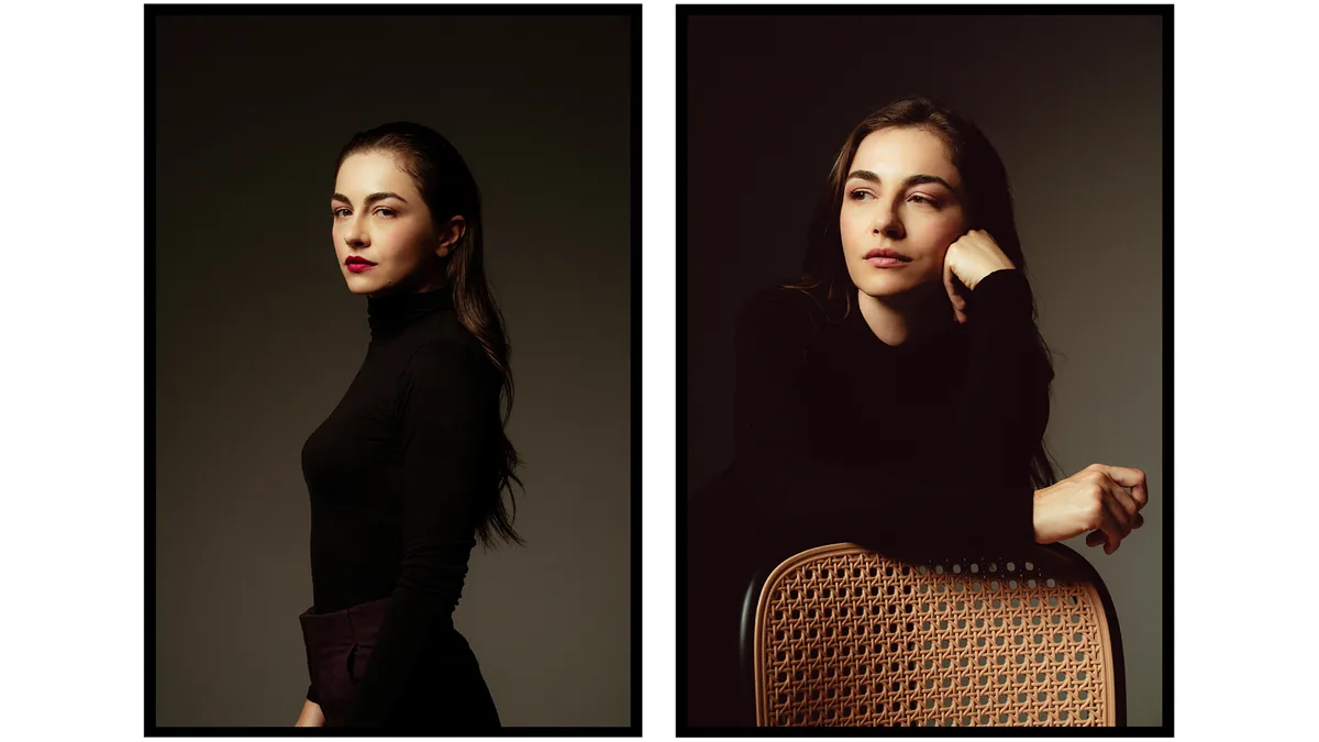 Diptych: woman in black on a dark backdrop, in three-quarter profile, then resting her head on her hand by a cane chair