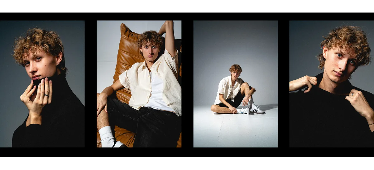 Four frames of a man with curly hair: in a black turtleneck, and in a cream shirt on a leather beanbag and on the floor