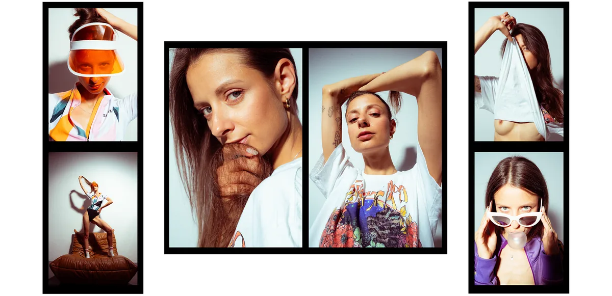 Six-frame collage of a woman in colourful casual wear: orange visor, white sunglasses, printed T-shirt and a bubblegum bubble
