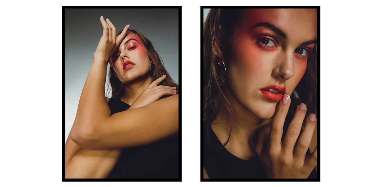 Diptych: woman with coral-red eye makeup and red lips, one hand raised to her head, then a close-up with fingers at her lips